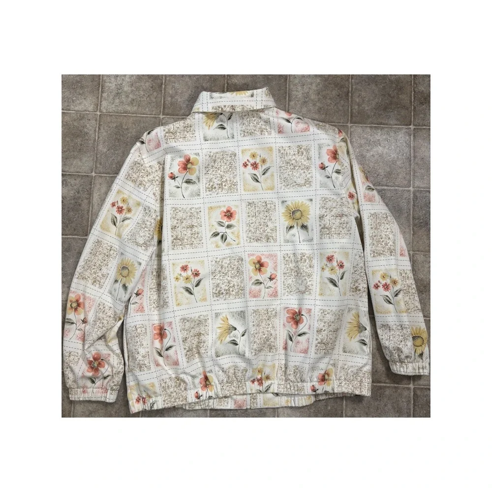 Alfred Dunner Womens 16W Floral‎ Patchwork Zip Up Jacket Beaded Sunflower White
